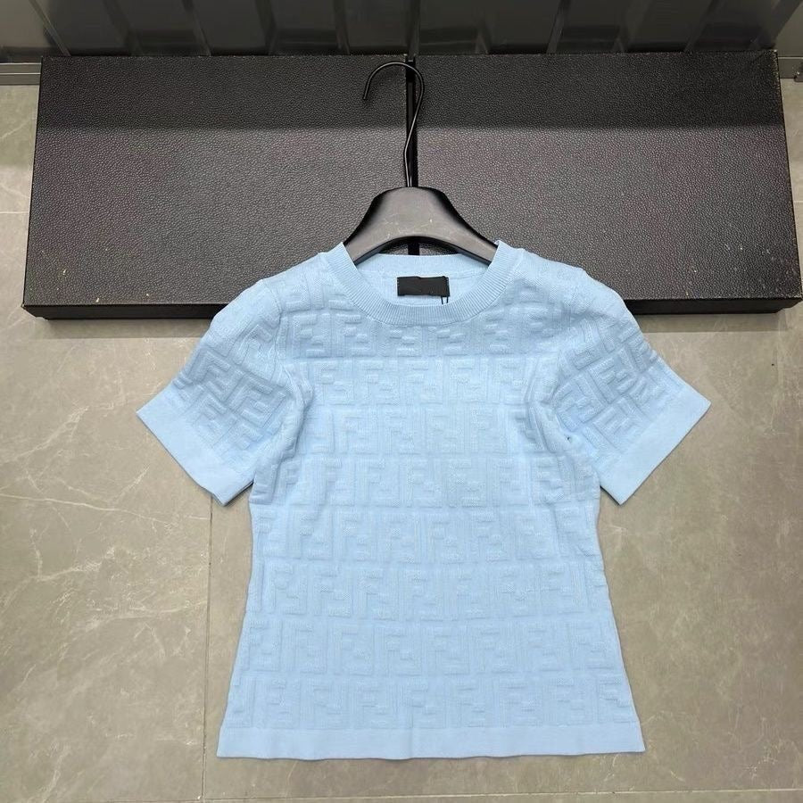 【#A507】All Over Embossed Jacquard Knit Short Sleeve, Slim Crew Neck Breathable Top
