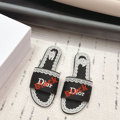 【#A508】Lace Trim Jacquard Slide Sandals For Women, Embroidered Flat Outdoor Slippers