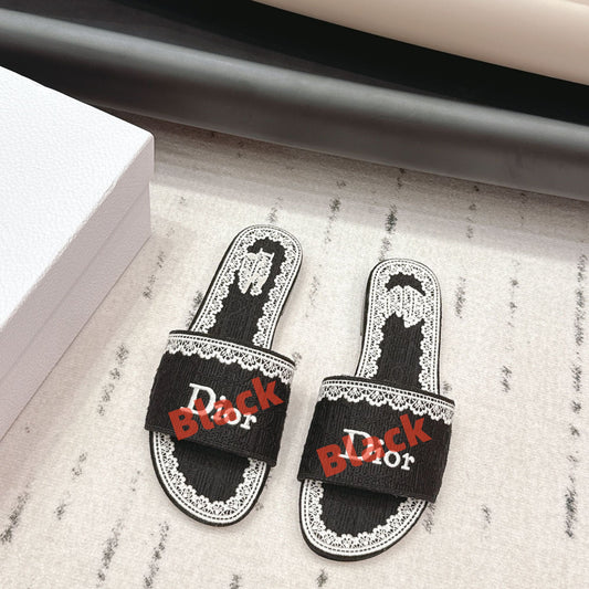 【#A508】Lace Trim Jacquard Slide Sandals For Women, Embroidered Flat Outdoor Slippers