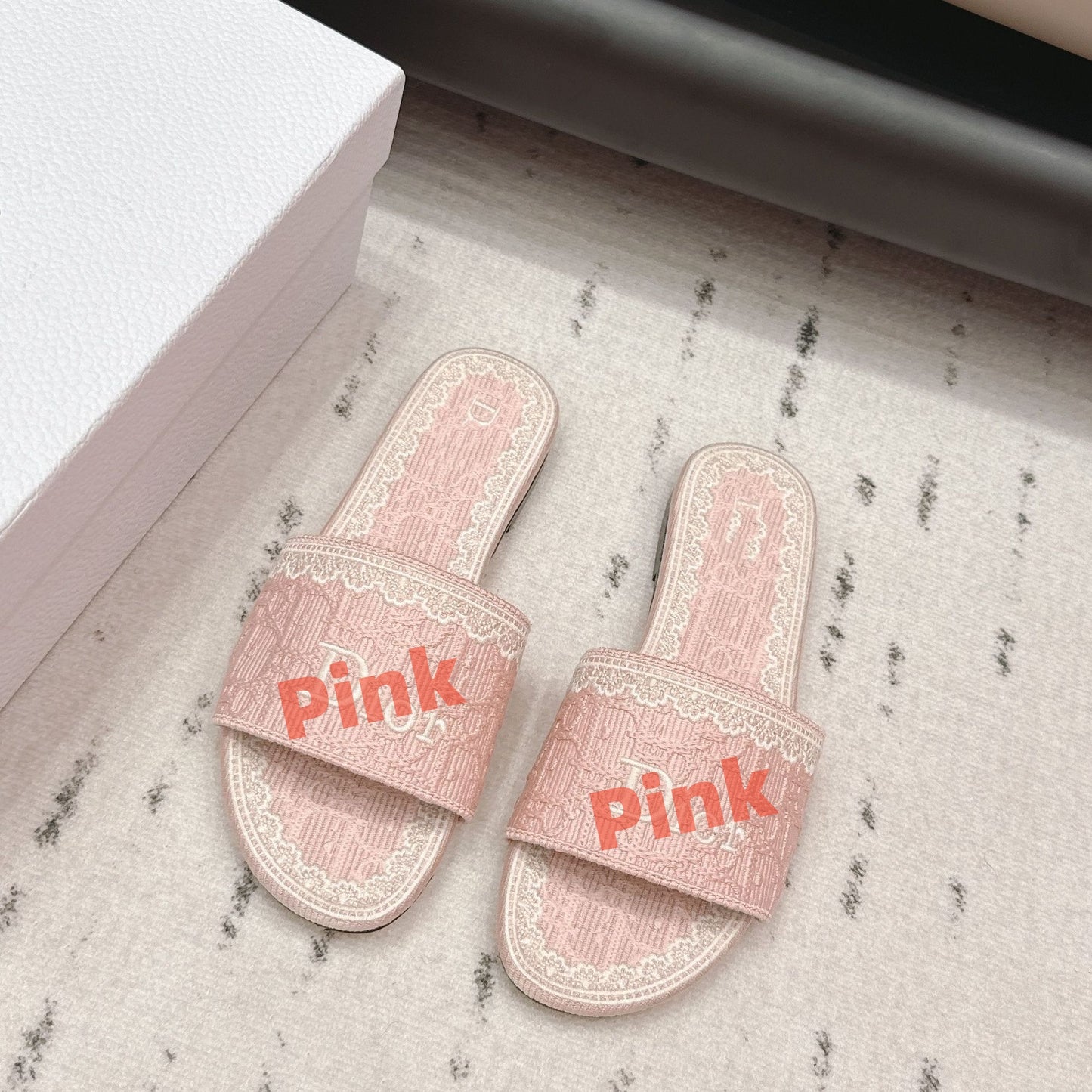 【#A508】Lace Trim Jacquard Slide Sandals For Women, Embroidered Flat Outdoor Slippers