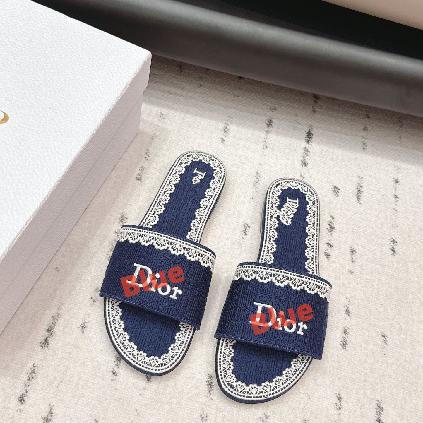 【#A508】Lace Trim Jacquard Slide Sandals For Women, Embroidered Flat Outdoor Slippers