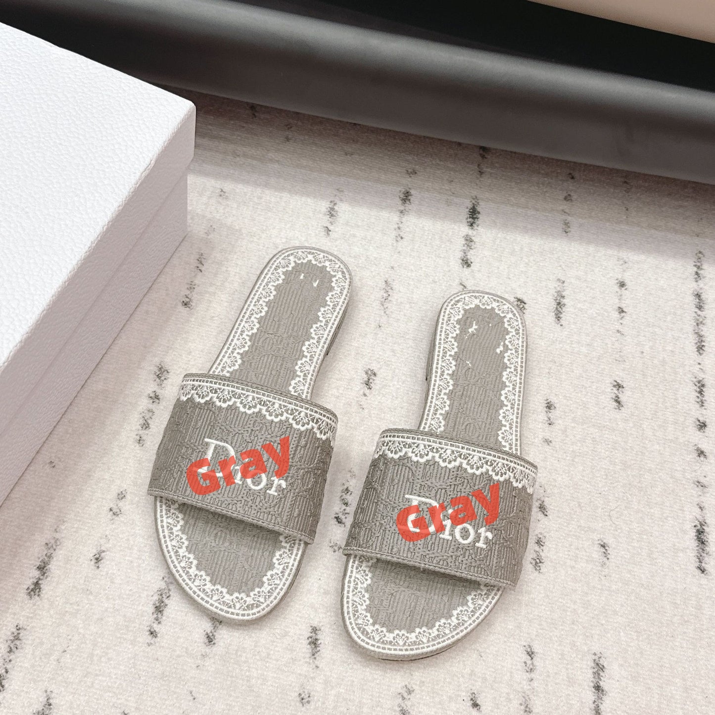 【#A508】Lace Trim Jacquard Slide Sandals For Women, Embroidered Flat Outdoor Slippers