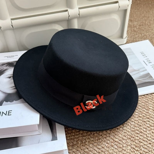 【#A509】Vintage Flat Brim Wool Felt Hat For Women, Adjustable Ribbon Metal Decor Fedora