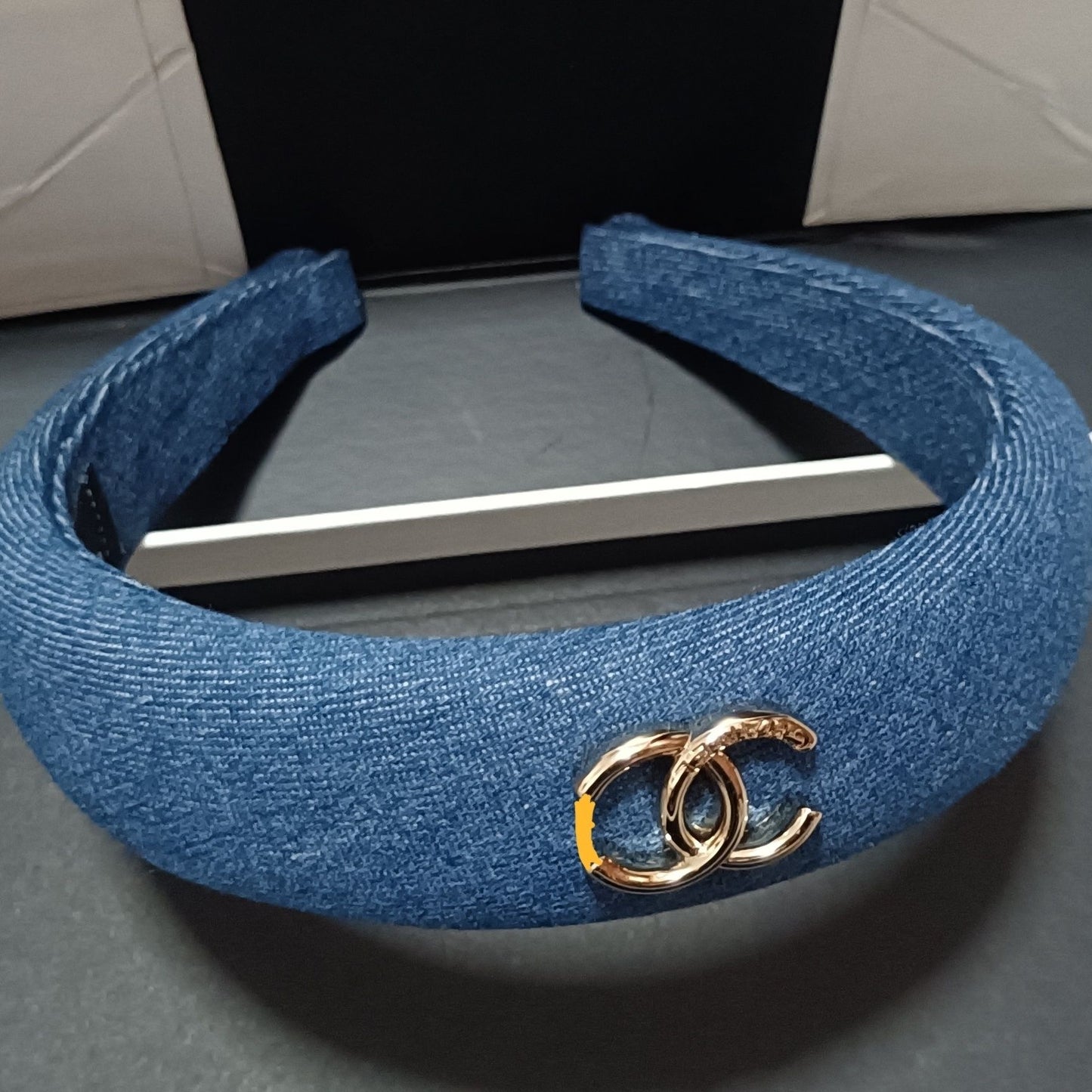 【#A511】Padded Wide Headband For Women, Double Ring Metal Decor Satin & Denim Hair Band