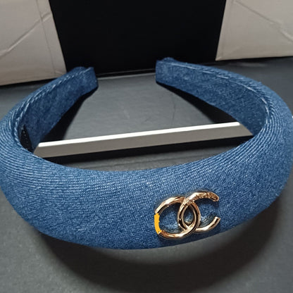 【#A511】Padded Wide Headband For Women, Double Ring Metal Decor Satin & Denim Hair Band