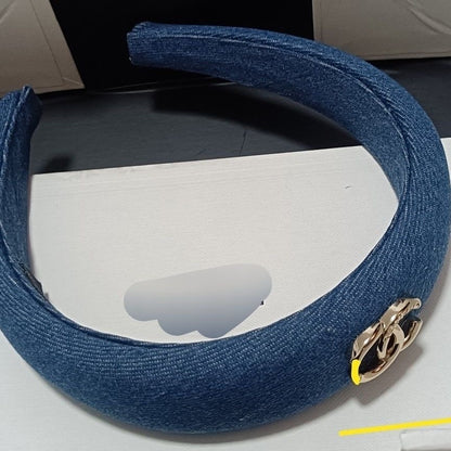 【#A511】Padded Wide Headband For Women, Double Ring Metal Decor Satin & Denim Hair Band