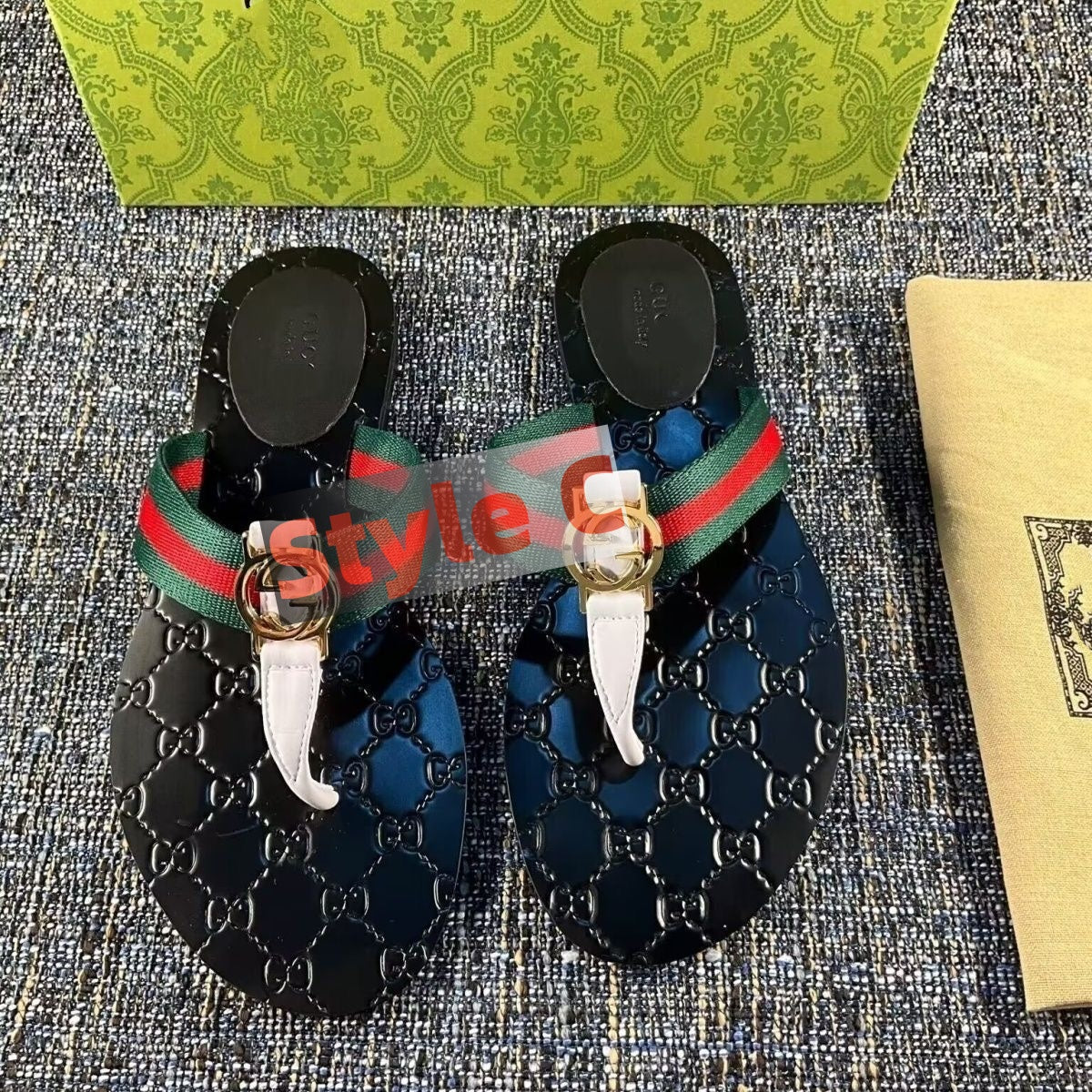 【#A512】Vintage Webbing Metal Buckle Flip Flops For Women, Printed Non-Slip Flat Sandals
