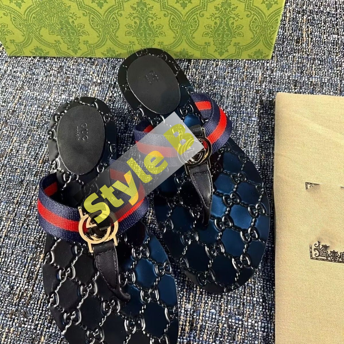 【#A512】Vintage Webbing Metal Buckle Flip Flops For Women, Printed Non-Slip Flat Sandals