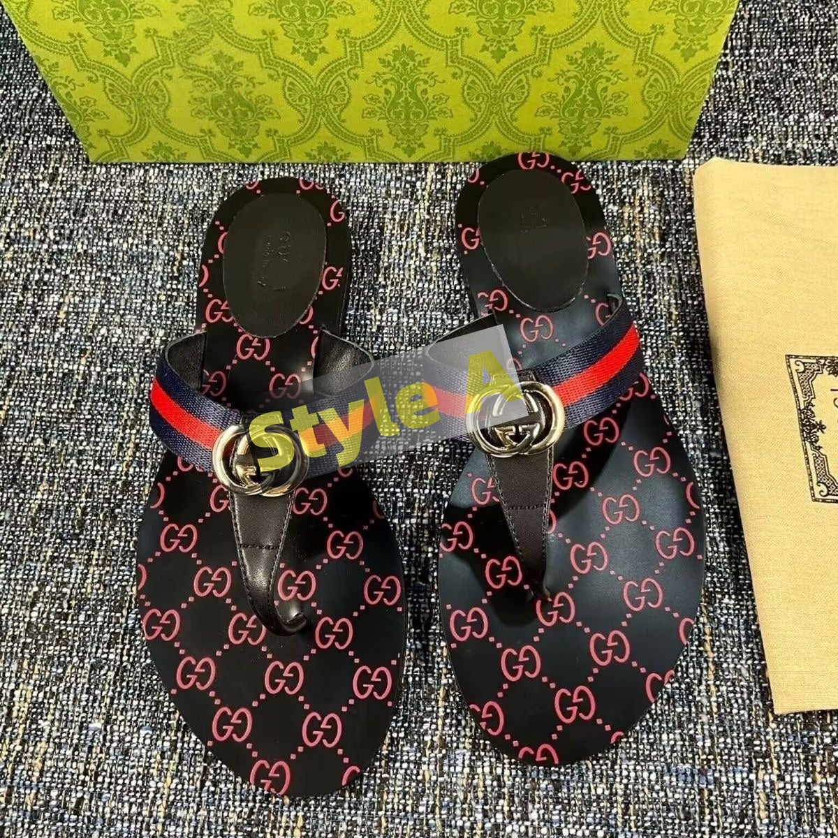 【#A512】Vintage Webbing Metal Buckle Flip Flops For Women, Printed Non-Slip Flat Sandals