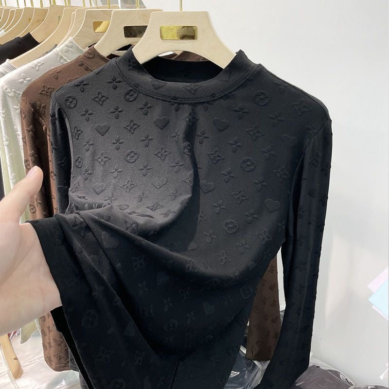 【#A513】3D Embossed Pattern Mock Neck Long Sleeve Top, Slim Stretch Solid Layering Shirt