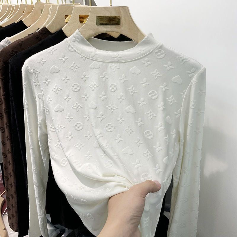 【#A513】3D Embossed Pattern Mock Neck Long Sleeve Top, Slim Stretch Solid Layering Shirt