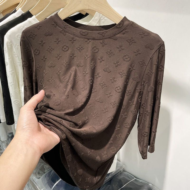 【#A513】3D Embossed Pattern Mock Neck Long Sleeve Top, Slim Stretch Solid Layering Shirt