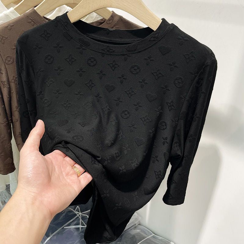 【#A513】3D Embossed Pattern Mock Neck Long Sleeve Top, Slim Stretch Solid Layering Shirt