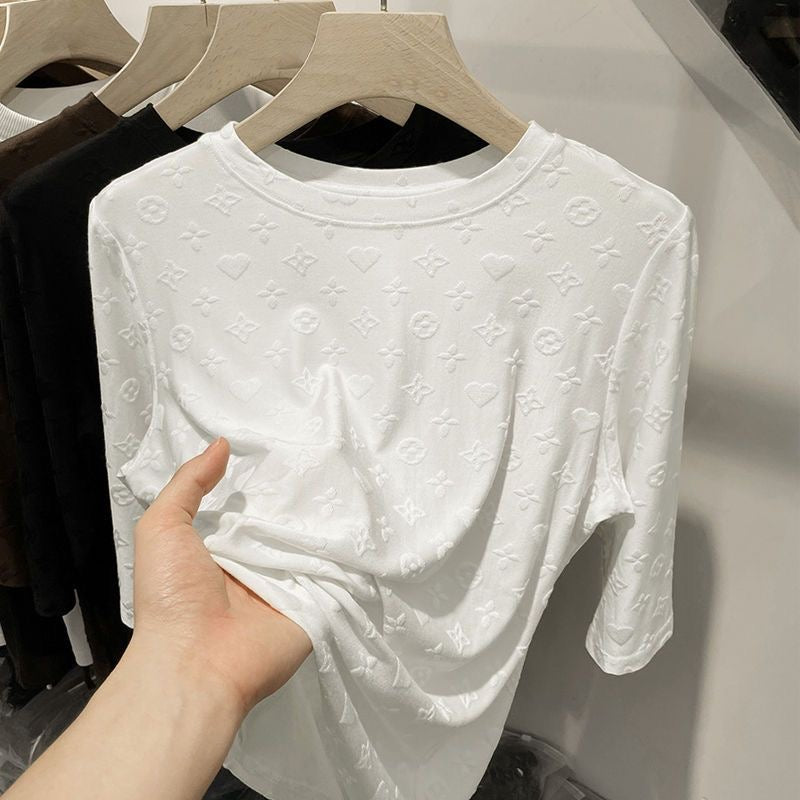 【#A513】3D Embossed Pattern Mock Neck Long Sleeve Top, Slim Stretch Solid Layering Shirt