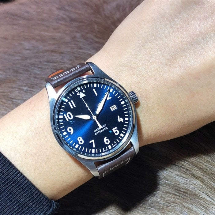 【#A514】Vintage Pilot Automatic Mechanical Watch For Men, Luminous Dial Genuine Leather Wristwatch