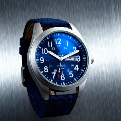 【#A515】Outdoor Pilot Automatic Watch For Men, Day Date Luminous Nylon Canvas Strap Wristwatch