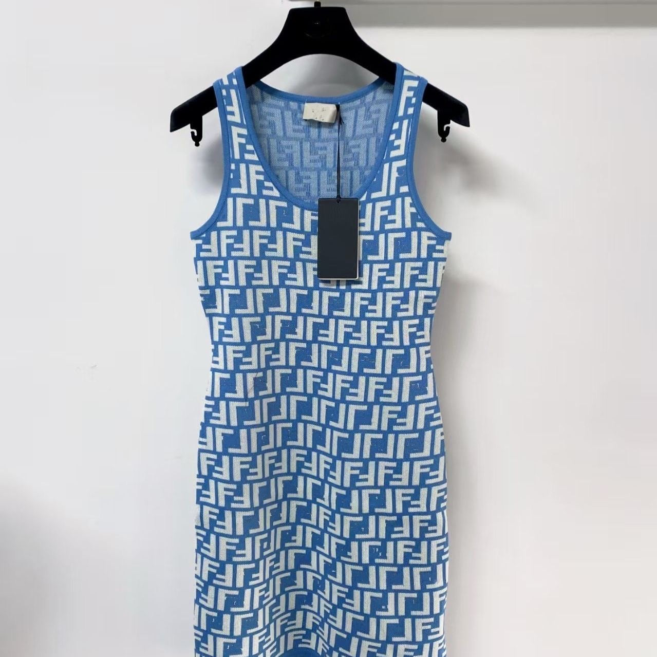 【#A516】All Over FF Jacquard Knit Tank Dress, U-Neck Slim Sleeveless Bodycon Mini Dress