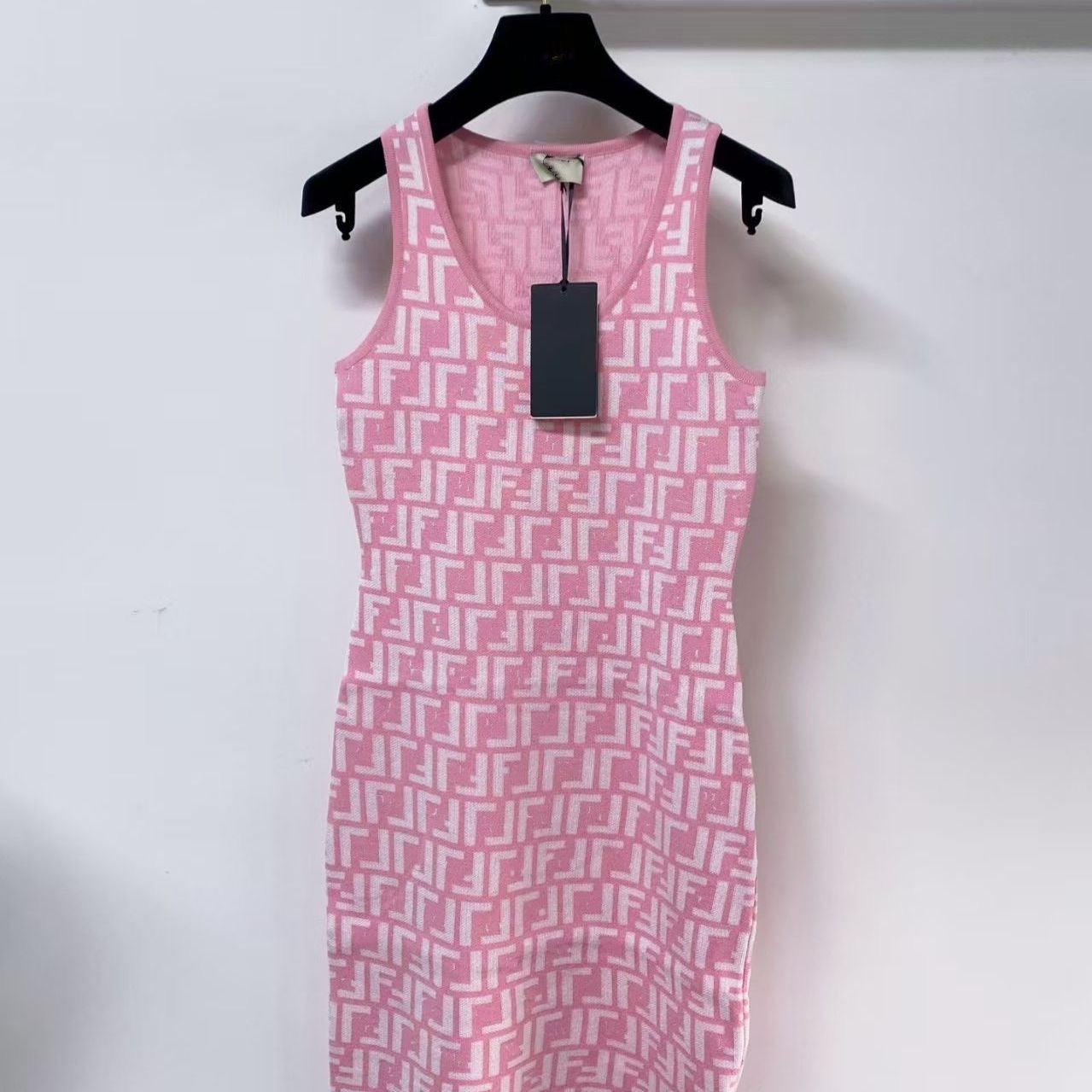 【#A516】All Over FF Jacquard Knit Tank Dress, U-Neck Slim Sleeveless Bodycon Mini Dress