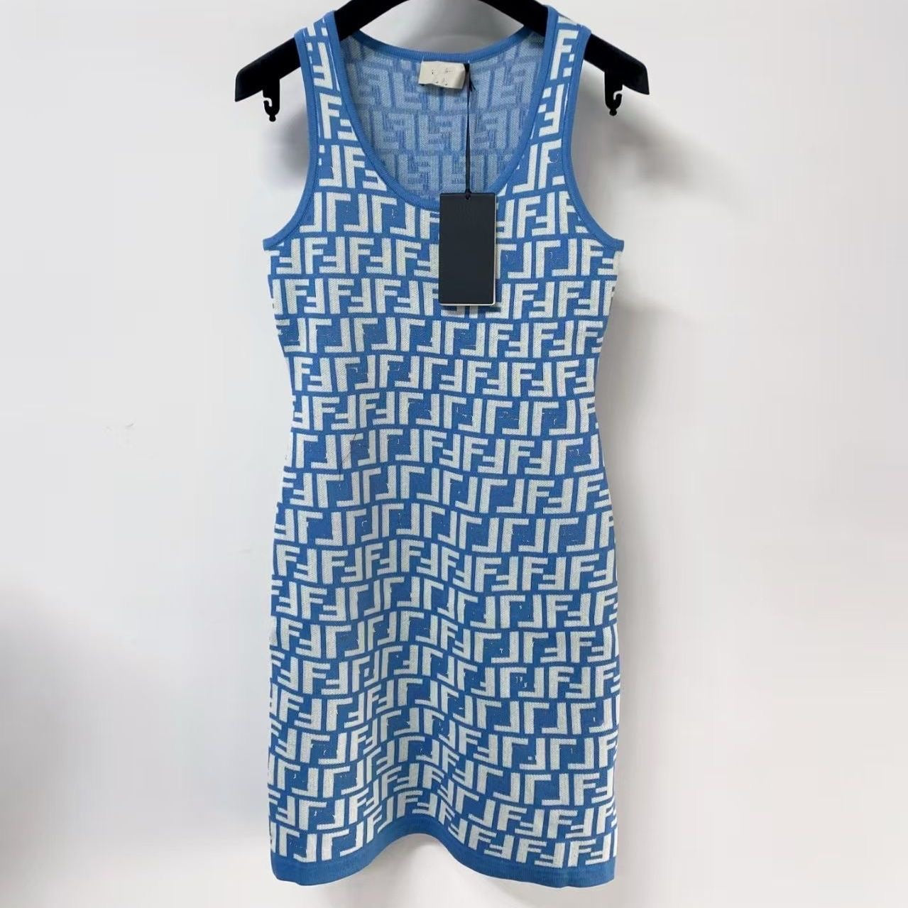 【#A516】All Over FF Jacquard Knit Tank Dress, U-Neck Slim Sleeveless Bodycon Mini Dress