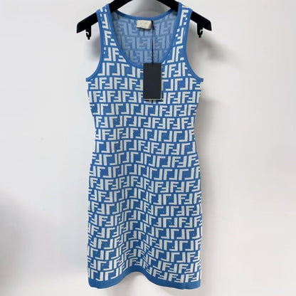 【#A516】All Over FF Jacquard Knit Tank Dress, U-Neck Slim Sleeveless Bodycon Mini Dress