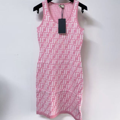 【#A516】All Over FF Jacquard Knit Tank Dress, U-Neck Slim Sleeveless Bodycon Mini Dress