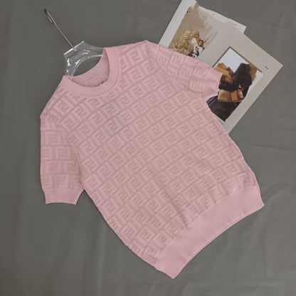【#A517】Hollow Geometric Jacquard Crew Neck Knit Short Sleeve, Lightweight Breathable Loose Top