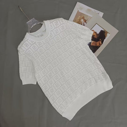【#A517】Hollow Geometric Jacquard Crew Neck Knit Short Sleeve, Lightweight Breathable Loose Top