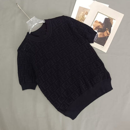 【#A517】Hollow Geometric Jacquard Crew Neck Knit Short Sleeve, Lightweight Breathable Loose Top