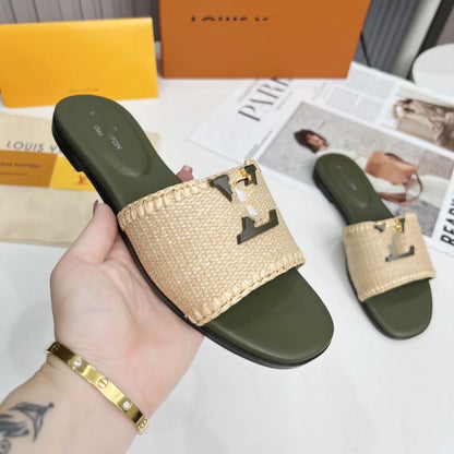 【#A518】Woven Metal Decor Slide Sandals for Women, Summer Flat Outdoor Vacation Slippers