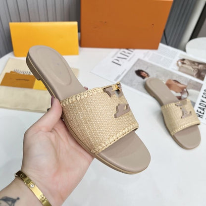 【#A518】Woven Metal Decor Slide Sandals for Women, Summer Flat Outdoor Vacation Slippers
