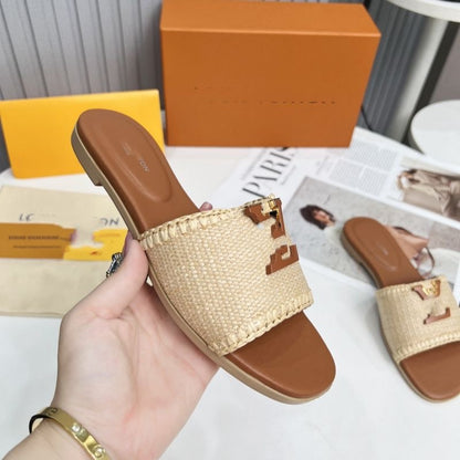【#A518】Woven Metal Decor Slide Sandals for Women, Summer Flat Outdoor Vacation Slippers