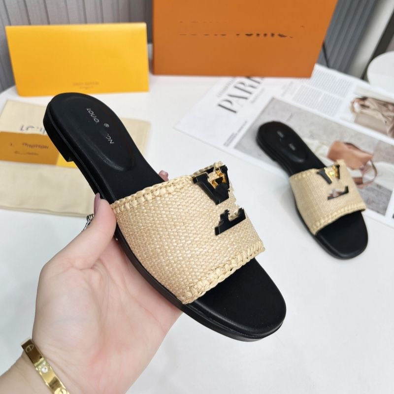 【#A518】Woven Metal Decor Slide Sandals for Women, Summer Flat Outdoor Vacation Slippers