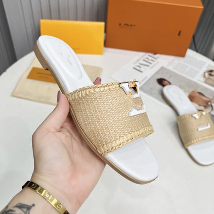 【#A518】Woven Metal Decor Slide Sandals for Women, Summer Flat Outdoor Vacation Slippers