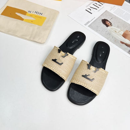 【#A518】Woven Metal Decor Slide Sandals for Women, Summer Flat Outdoor Vacation Slippers