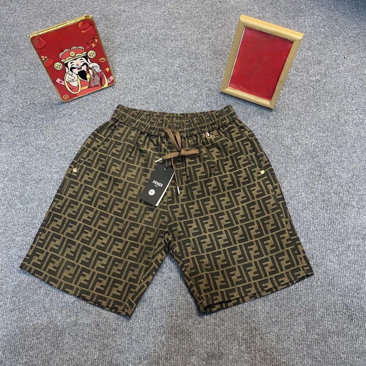 【#A520】Vintage All Over Geometric Jacquard Five-Point Shorts, Elastic Drawstring Loose Casual Mid Pants
