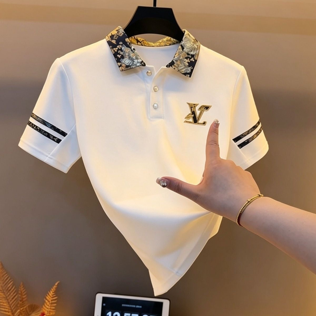 【#A521】Vintage Jacquard Collar Polo Shirt For Men, Luxury Embroidery Loose Casual Short Sleeve Top