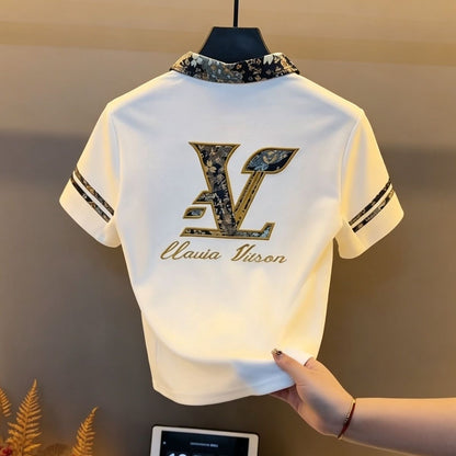 【#A521】Vintage Jacquard Collar Polo Shirt For Men, Luxury Embroidery Loose Casual Short Sleeve Top