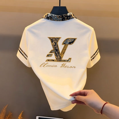【#A521】Vintage Jacquard Collar Polo Shirt For Men, Luxury Embroidery Loose Casual Short Sleeve Top