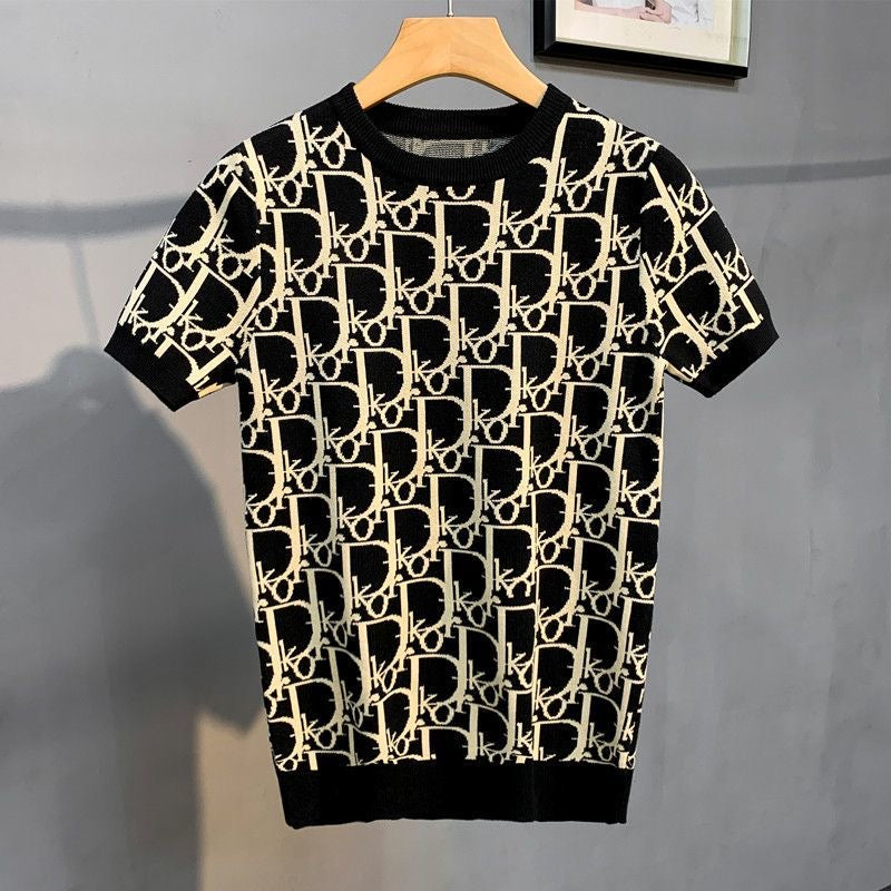 【#A522】All Over Line Jacquard Crew Neck Knit Short Sleeve, Slim Breathable Vintage Ice Silk Top