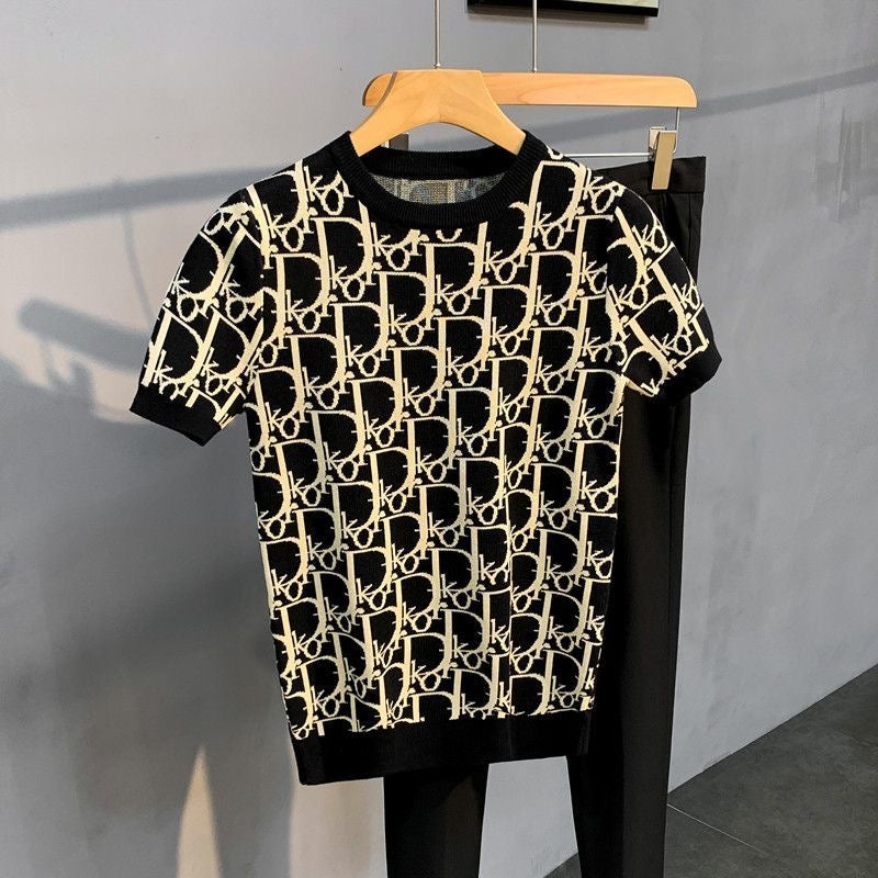 【#A522】All Over Line Jacquard Crew Neck Knit Short Sleeve, Slim Breathable Vintage Ice Silk Top