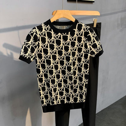 【#A522】All Over Line Jacquard Crew Neck Knit Short Sleeve, Slim Breathable Vintage Ice Silk Top