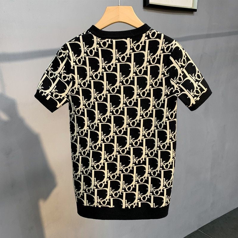 【#A522】All Over Line Jacquard Crew Neck Knit Short Sleeve, Slim Breathable Vintage Ice Silk Top