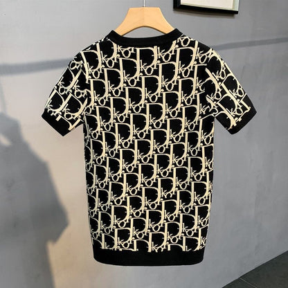 【#A522】All Over Line Jacquard Crew Neck Knit Short Sleeve, Slim Breathable Vintage Ice Silk Top