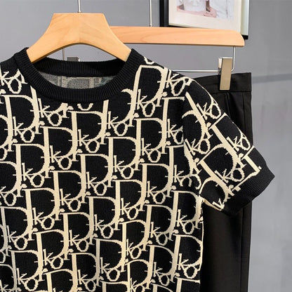 【#A522】All Over Line Jacquard Crew Neck Knit Short Sleeve, Slim Breathable Vintage Ice Silk Top