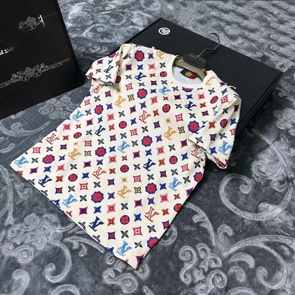 【#A523】Colorful Monogram All Over Print Crew Neck T-Shirt, Men's Summer Breathable Casual Versatile Short Sleeve Top