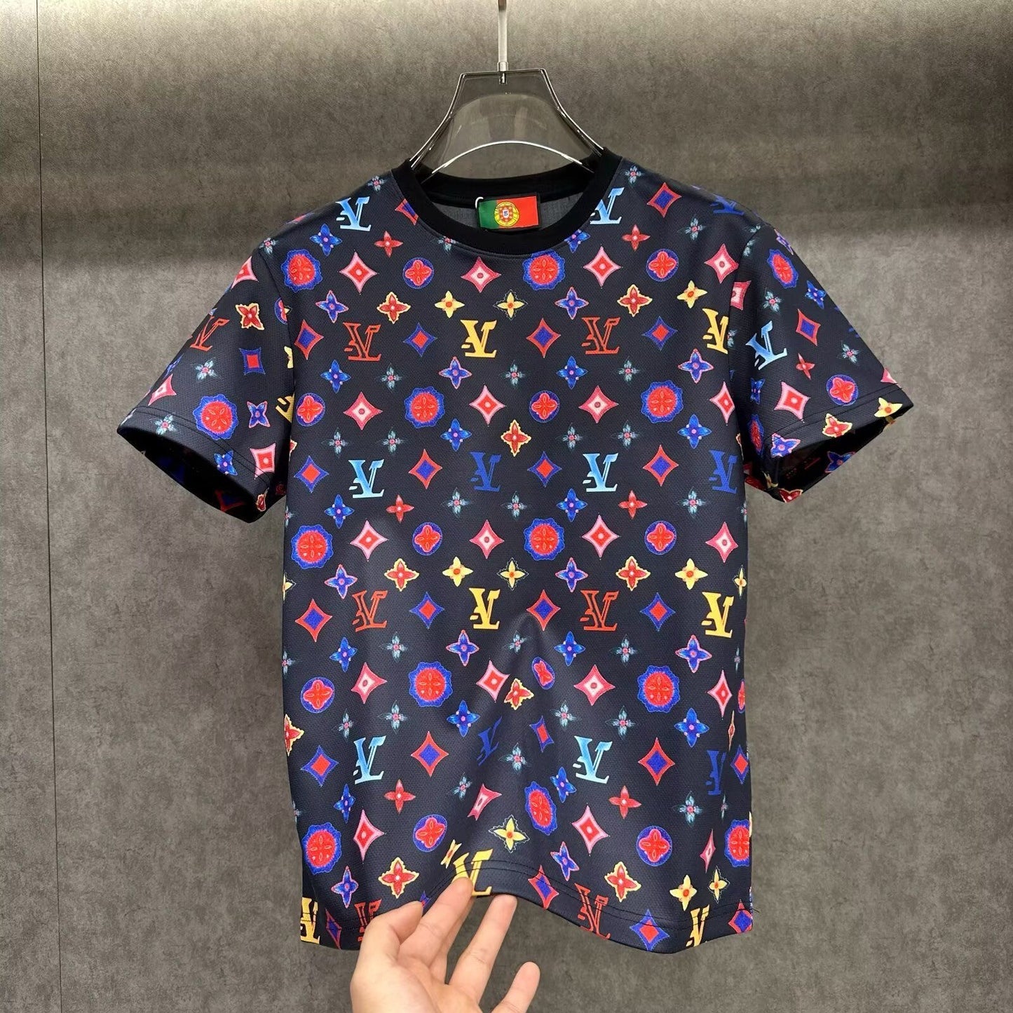 【#A523】Colorful Monogram All Over Print Crew Neck T-Shirt, Men's Summer Breathable Casual Versatile Short Sleeve Top