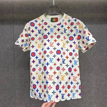 【#A523】Colorful Monogram All Over Print Crew Neck T-Shirt, Men's Summer Breathable Casual Versatile Short Sleeve Top