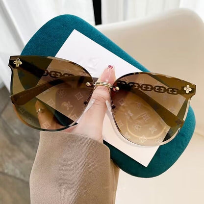 【#A528】Rimless Chain Temple Gradient Print Sunglasses, Women Slim UV Protection Shades