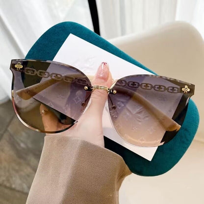 【#A528】Rimless Chain Temple Gradient Print Sunglasses, Women Slim UV Protection Shades