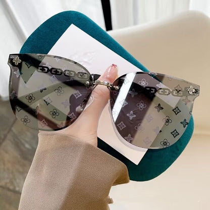 【#A528】Rimless Chain Temple Gradient Print Sunglasses, Women Slim UV Protection Shades